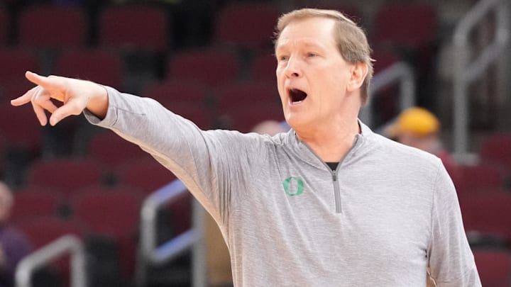 Mar 10, 2026; Chicago, IL, USA; Oregon Ducks head coach Dana Altman during the first half against the Maryland Terrapins at United Center. Mandatory Credit: David Banks-Imagn Images