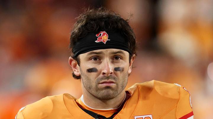 Tampa Bay Buccaneers quarterback Baker Mayfield looks on Tampa Bay Buccaneers quarterback Baker Mayfield looks on