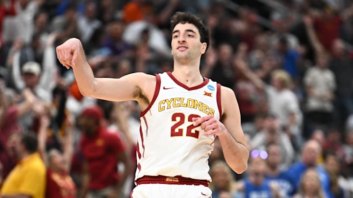 Mar 22, 2026; St. Louis, MO, USA; Iowa State Cyclones forward Milan Momcilovic (22) celebrates after a play during the second half against the Kentucky Wildcats during a second round game of the men's 2026 NCAA Tournament at Enterprise Center. Mar 22, 2026; St. Louis, MO, USA; Iowa State Cyclones forward Milan Momcilovic (22) celebrates after a play during the second half against the Kentucky Wildcats during a second round game of the men's 2026 NCAA Tournament at Enterprise Center.