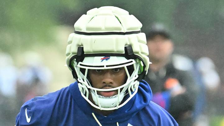 Jul 29, 2026; Rochester, NY, USA; Buffalo Bills wide receiver Keon Coleman (0) catches a pass during training camp at St. John Fisher University. Mandatory Credit: Mark Konezny-Imagn Images