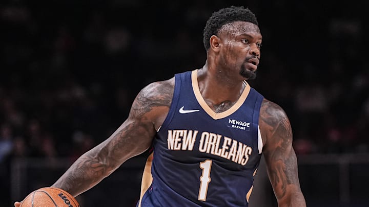 Jan 7, 2026; Atlanta, Georgia, USA; New Orleans Pelicans forward Zion Williamson (1) controls the ball against the Atlanta Hawks during the first half at State Farm Arena. Mandatory Credit: Dale Zanine-Imagn Images