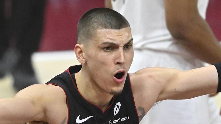 Miami Heat guard Tyler Herro reacts in the third quarter of game two of the first round of the 2025 NBA Playoffs against the Cleveland Cavaliers at Rocket Arena on Apr 23, 2025.