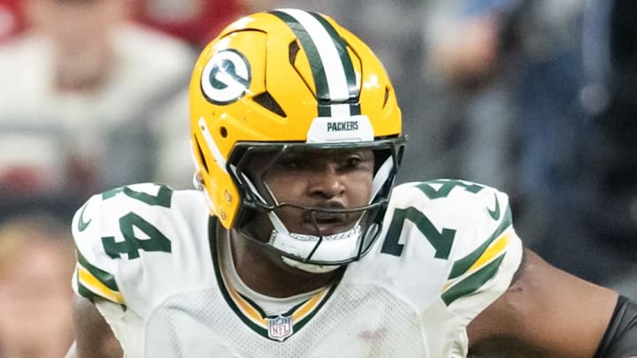 Green Bay Packers center Elgton Jenkins (74) is shown against the Arizona Cardinals.