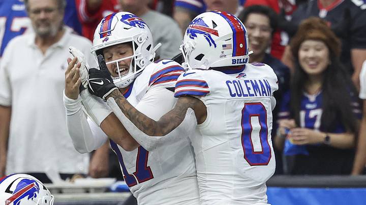 Buffalo Bills quarterback Josh Allen (17) celebrates with wide receiver Keon Coleman (0) after a touchdown during the third quarter against the Houston Texans at NRG Stadium. Buffalo Bills quarterback Josh Allen (17) celebrates with wide receiver Keon Coleman (0) after a touchdown during the third quarter against the Houston Texans at NRG Stadium.