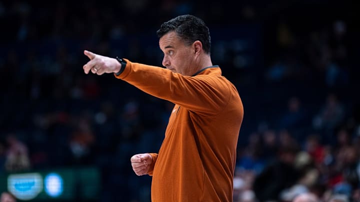 Texas Longhorns head coach Sean Miller works the sideline against Mississippi during their 2026 SEC Men’s Basketball Tournament game.