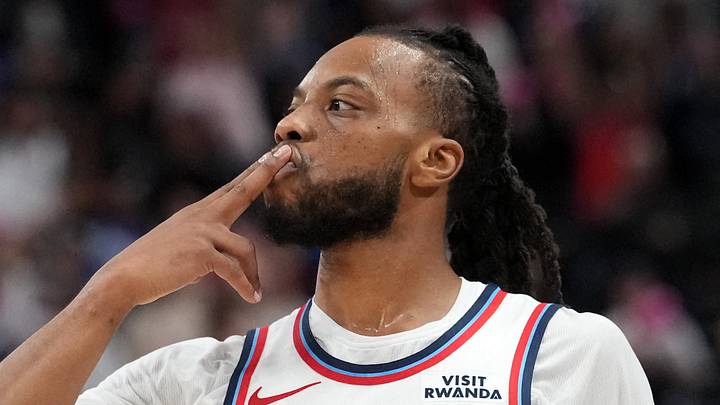 Mar 31, 2026; Inglewood, California, USA;  LA Clippers guard Darius Garland (10) reacts after a play during the first half against the Portland Trail Blazers at Intuit Dome. Mandatory Credit: Kirby Lee-Imagn Images