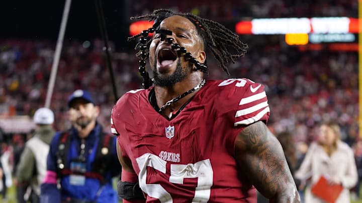 January 20, 2024; Santa Clara, CA, USA; San Francisco 49ers linebacker Dre Greenlaw (57) celebrates after defeating the Green Bay Packers in a 2024 NFC divisional round game at Levi's Stadium. Mandatory Credit: Kyle Terada-Imagn Images January 20, 2024; Santa Clara, CA, USA; San Francisco 49ers linebacker Dre Greenlaw (57) celebrates after defeating the Green Bay Packers in a 2024 NFC divisional round game at Levi's Stadium. Mandatory Credit: Kyle Terada-Imagn Images