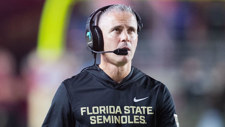 Florida State Seminoles head coach Mike Norvell walks down the field. The Miami Hurricanes lead the Florida State Seminoles 14-3 at the half on Saturday, Oct. 4, 2025. Florida State Seminoles head coach Mike Norvell walks down the field. The Miami Hurricanes lead the Florida State Seminoles 14-3 at the half on Saturday, Oct. 4, 2025.