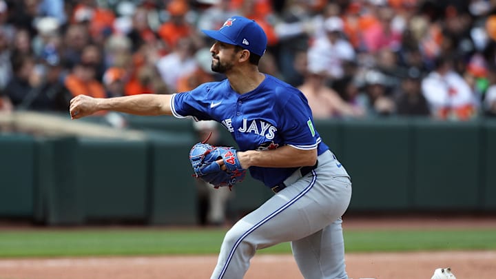 Apr 13, 2025; Baltimore, Maryland, USA; Toronto Blue Jays pitcher Nick Sandlin (52) throws the ball during the sixth inning against the Baltimore Orioles at Oriole Park at Camden Yards. Apr 13, 2025; Baltimore, Maryland, USA; Toronto Blue Jays pitcher Nick Sandlin (52) throws the ball during the sixth inning against the Baltimore Orioles at Oriole Park at Camden Yards.