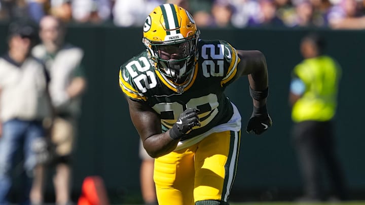 Sep 29, 2024; Green Bay, Wisconsin, USA;  Green Bay Packers cornerback Robert Rochell (22) during the game against the Minnesota Vikings at Lambeau Field. Mandatory Credit: Jeff Hanisch-Imagn Images