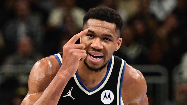 Milwaukee Bucks forward Giannis Antetokounmpo (34) reacts in the second quarter against the Indiana Pacers at Fiserv Forum on November 22, 2024.