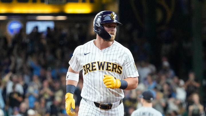 Aug 9, 2026; Milwaukee, Wisconsin, USA; Milwaukee Brewers first baseman Jake Bauers (9) rounds the bases after hitting a home run against the Minnesota Twins in the fifth inning at American Family Field. Mandatory Credit: Michael McLoone-Imagn Images Aug 9, 2026; Milwaukee, Wisconsin, USA; Milwaukee Brewers first baseman Jake Bauers (9) rounds the bases after hitting a home run against the Minnesota Twins in the fifth inning at American Family Field. Mandatory Credit: Michael McLoone-Imagn Images