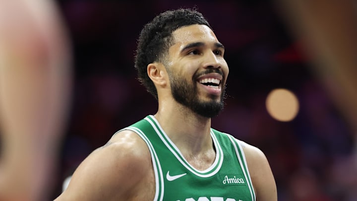 Apr 30, 2026; Philadelphia, Pennsylvania, USA; Boston Celtics forward Jayson Tatum (0) prepares to take a foul shot against the Philadelphia 76ers during the second quarter at Xfinity Mobile Arena. Mandatory Credit: Bill Streicher-Imagn Images