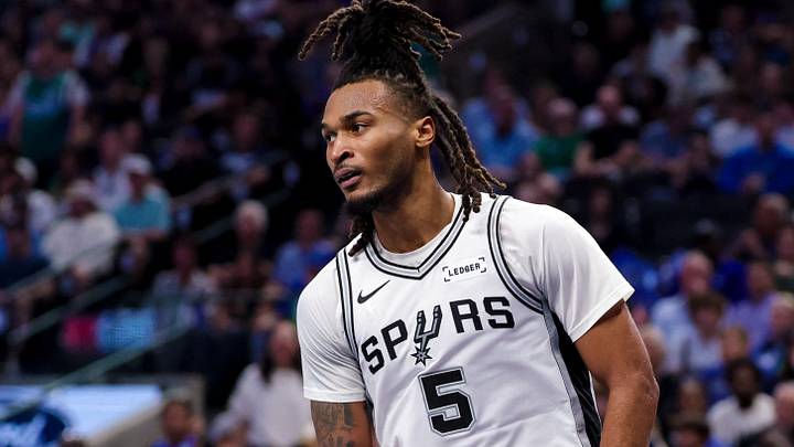 Oct 24, 2026; Dallas, Texas, USA;  San Antonio Spurs guard Stephon Castle (5) reacts adter dunking during the second quarter against the Dallas Mavericks at American Airlines Center. Mandatory Credit: Kevin Jairaj-Imagn Images