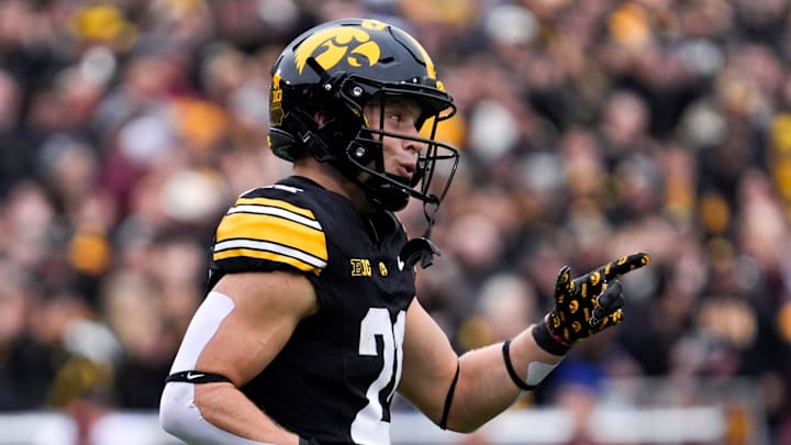 Iowa Hawkeyes wide receiver Kaden Wetjen (21) reacts after returning a punt for a touchdown against the Minnesota Golden Gophers Oct. 25, 2025 at Kinnick Stadium in Iowa City, Iowa.