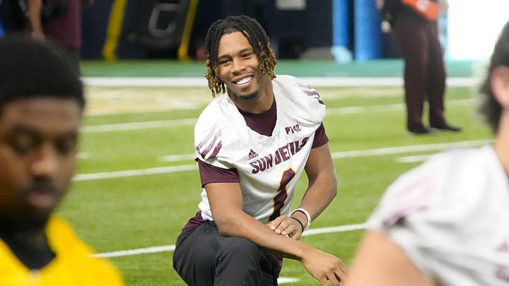 Arizona State defensive back Keith Abney II (1) stretches during open media availability at the Georgia Tech practice facility on Monday, Dec. 30, 2024. They will play Texas in the Chick-fil-A Peach Bowl on Jan. 1, 2024.