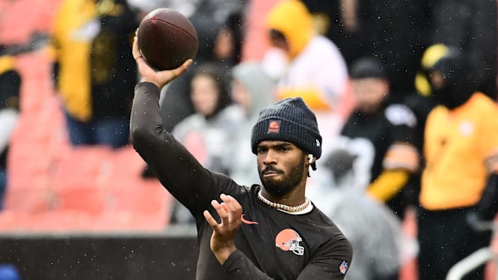Dec 28, 2025; Cleveland, Ohio, USA; Cleveland Browns quarterback Shedeur Sanders (12) warms up before the game against the Pittsburgh Steelers at Huntington Bank Field. 