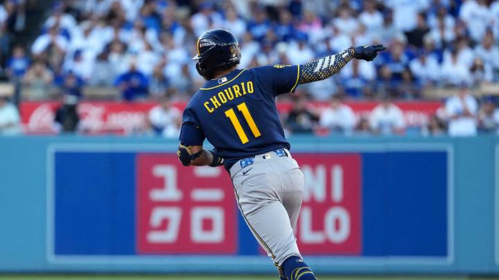 Oct 14, 2026; Los Angeles, California, USA; Milwaukee Brewers outfielder Jackson Chourio (11) rounds the bases after hitting a solo home run in the first inning against the Los Angeles Dodgers in game three of the NLCS for the 2026 MLB Playoffs at Uniqlo Field at Dodger Stadium. Mandatory Credit: Kirby Lee-Imagn Images Oct 14, 2026; Los Angeles, California, USA; Milwaukee Brewers outfielder Jackson Chourio (11) rounds the bases after hitting a solo home run in the first inning against the Los Angeles Dodgers in game three of the NLCS for the 2026 MLB Playoffs at Uniqlo Field at Dodger Stadium. Mandatory Credit: Kirby Lee-Imagn Images