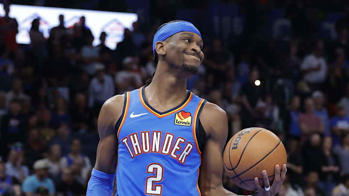 Mar 9, 2026; Oklahoma City, Oklahoma, USA; Oklahoma City Thunder guard Shai Gilgeous-Alexander (2) reacts after the Denver Nuggets score during the second quarter at Paycom Center. Mandatory Credit: Alonzo Adams-Imagn Images