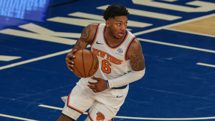 May 16, 2021; New York, New York, USA; New York Knicks guard Elfrid Payton (6) dribbles during the second half against the Boston Celtics at Madison Square Garden. Mandatory Credit: Vincent Carchietta-Imagn Images