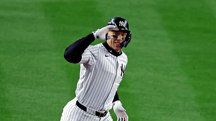 Oct 15, 2024; Bronx, New York, USA; New York Yankees outfielder Aaron Judge (99) runs the base after hitting a two run home run during the seventh inning against the Cleveland Guardians in game two of the ALCS for the 2024 MLB Playoffs at Yankee Stadium. Mandatory Credit: Brad Penner-Imagn Images