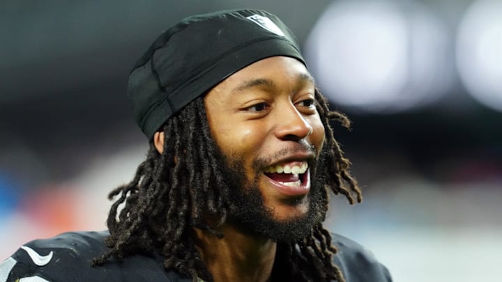 Dec 14, 2023; Paradise, Nevada, USA;  Las Vegas Raiders wide receiver Jakobi Meyers (16) smiles after the game against the Los Angeles Chargers at Allegiant Stadium. Mandatory Credit: Stephen R. Sylvanie-Imagn Images