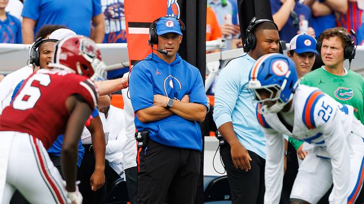 Florida Gators head coach Jon Sumrall looks on while South Carolina Gamecocks wide receiver Donovan Murph and Florida Gators cornerback Cormani McClain line up. Florida Gators head coach Jon Sumrall looks on while South Carolina Gamecocks wide receiver Donovan Murph and Florida Gators cornerback Cormani McClain line up.