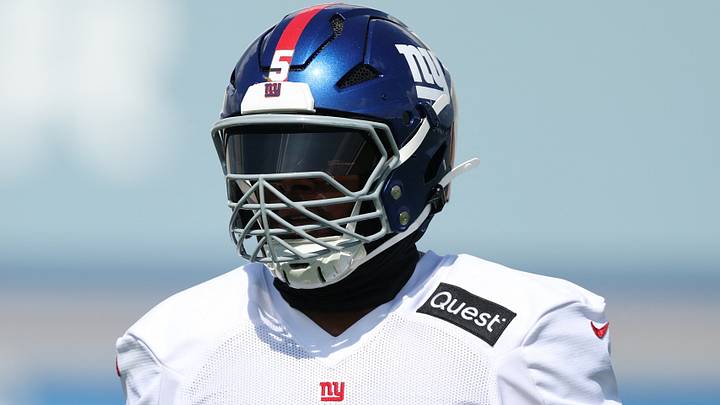 Jul 23, 2025; East Rutherford, NJ, USA; New York Giants linebacker Kayvon Thibodeaux (5) on the field during training camp at Quest Diagnostics Training Center. Mandatory Credit: Vincent Carchietta-Imagn Images