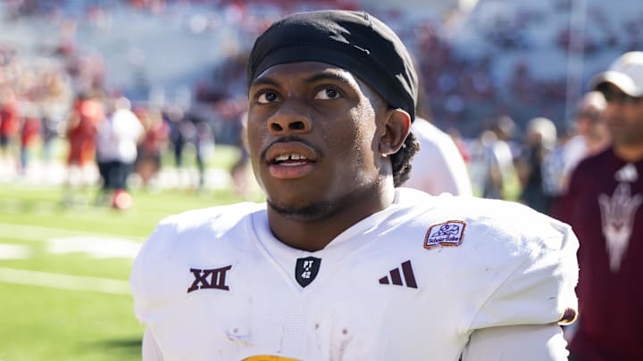 Nov 30, 2024; Tucson, Arizona, USA; Arizona State Sun Devils running back Kyson Brown (2) against the Arizona Wildcats during the Territorial Cup at Arizona Stadium. Mandatory Credit: Mark J. Rebilas-Imagn Images