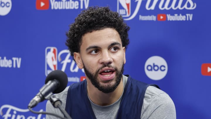 Jun 4, 2025; Oklahoma City, OK, USA; Oklahoma City Thunder guard Ajay Mitchell (25) during NBA Finals Media Day at Paycom Center. Mandatory Credit: Alonzo Adams-Imagn Images Jun 4, 2025; Oklahoma City, OK, USA; Oklahoma City Thunder guard Ajay Mitchell (25) during NBA Finals Media Day at Paycom Center. Mandatory Credit: Alonzo Adams-Imagn Images