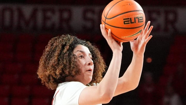 Oklahoma's Aaliyah Chavez (2) shoots a three-point basket against Ole Miss in the second half of a women's college basketball game between the University of Oklahoma Sooners and Ole Miss at Lloyd Noble Center in Norman, Okla., Thursday Jan. 8, 2026.