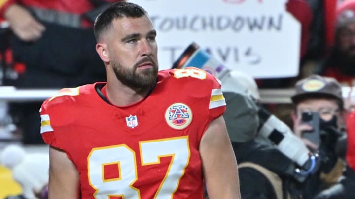 Dec 7, 2025; Kansas City, Missouri, USA; Kansas City Chiefs tight end Travis Kelce (87) warms up prior to the game against the Houston Texans at GEHA Field at Arrowhead Stadium. Dec 7, 2025; Kansas City, Missouri, USA; Kansas City Chiefs tight end Travis Kelce (87) warms up prior to the game against the Houston Texans at GEHA Field at Arrowhead Stadium.