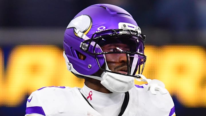 Oct 23, 2025; Inglewood, California, USA; Minnesota Vikings wide receiver Jordan Addison (3) reacts after making a touchdown during the second half at SoFi Stadium. Mandatory Credit: Gary A. Vasquez-Imagn Images