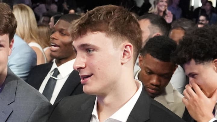 May 12, 2025; Chicago, Illinois, US; Duke players L-R Kon Knueppel and Cooper Flagg, during the 2025 NBA Draft Lottery at McCormick Place. Mandatory Credit: David Banks-Imagn Images