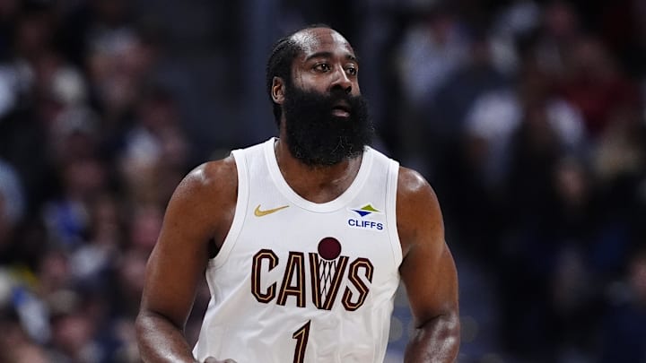 Feb 9, 2026; Denver, Colorado, USA; Cleveland Cavaliers guard James Harden (1)  during the second quarter against the Denver Nuggets at Ball Arena. Mandatory Credit: Ron Chenoy-Imagn Images