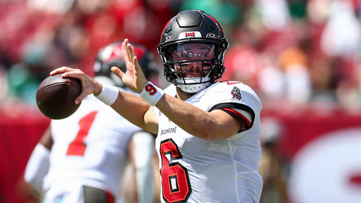 Sep 29, 2024; Tampa, Florida, USA; Tampa Bay Buccaneers quarterback Baker Mayfield (6) drops back to pass against the Philadelphia Eagles in the first quarter at Raymond James Stadium. Mandatory Credit: Nathan Ray Seebeck-Imagn Images
