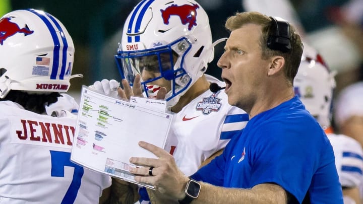 SMU Mustangs coach Rhett Lashlee talks to his players on a time out against the Tulane Green Wave during the second half at Yulman Stadium.