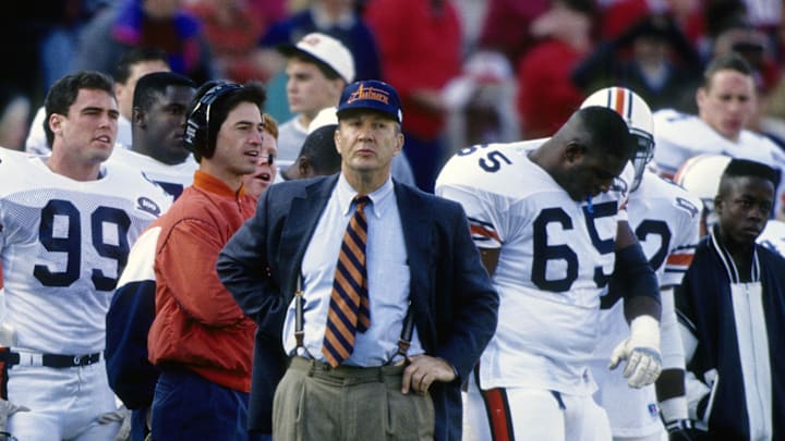 Auburn Tigers head coach Pat Dye on the sideline during the game against Alabama Crimson Tide at Legion Field. Mandatory Credit: Imagn Images 