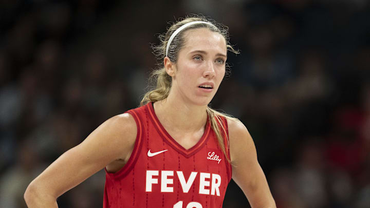 Aug 24, 2025; Minneapolis, Minnesota, USA; Indiana Fever guard Lexie Hull (10) looks on against the Minnesota Lynx in the second half at Target Center. Mandatory Credit: Jesse Johnson-Imagn Images