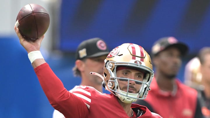 Sep 22, 2024; Inglewood, California, USA;  San Francisco 49ers quarterback Brandon Allen (17) warms up prior to the game against the Los Angeles Rams at SoFi Stadium. Mandatory Credit: Jayne Kamin-Oncea-Imagn Images