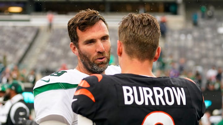 New York Jets quarterback Joe Flacco (19) and Cincinnati Bengals quarterback Joe Burrow (9) talk after the game. The Bengals defeat the Jets, 27-12, at MetLife Stadium on Sunday, Sept. 25, 2022.

Nfl Jets Vs Cincinnati Bengals Bengals At Jets