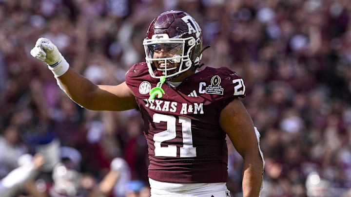 Texas A&M Aggies linebacker Taurean York celebrates during the game between the Aggies and the Hurricanes at Kyle Field. 