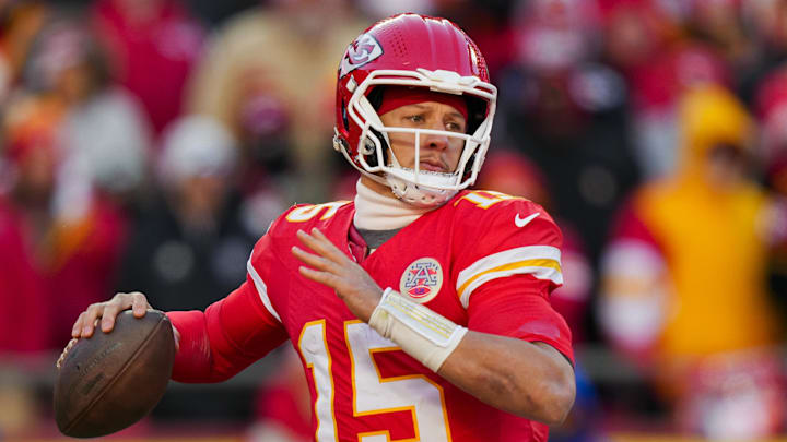 Dec 14, 2025; Kansas City, Missouri, USA; Kansas City Chiefs quarterback Patrick Mahomes (15) throws a pass during the second half against the Los Angeles Chargers at GEHA Field at Arrowhead Stadium. Mandatory Credit: Jay Biggerstaff-Imagn Images