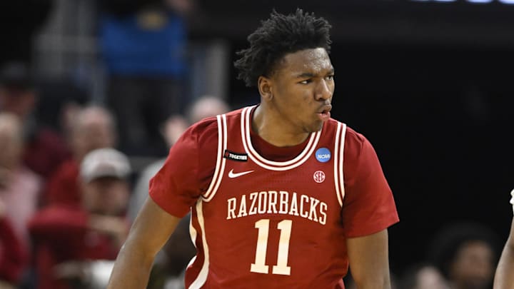 Arkansas Razorbacks forward Karter Knox (11) reacts after shooting a three point basket during the second half against the Texas Tech Red Raiders during a West Regional semifinal of the 2025 NCAA tournament at Chase Center.
