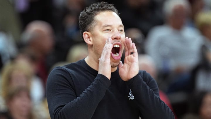 Apr 6, 2026; San Antonio, Texas, USA; San Antonio Spurs head coach Mitch Johnson yells out to players during the second half against the Philadelphia 76ers at Frost Bank Center. Mandatory Credit: Scott Wachter-Imagn Images