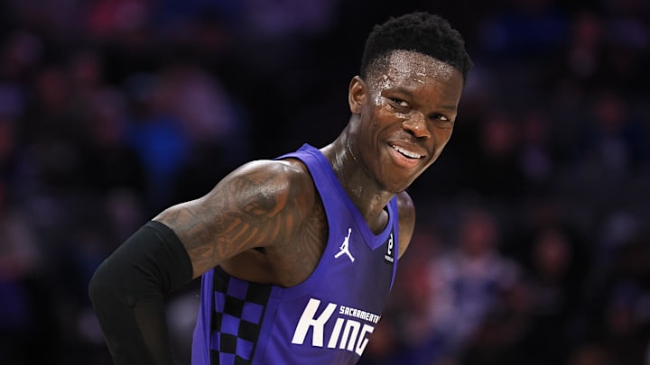 Dec 27, 2025; Sacramento, California, USA; Sacramento Kings guard Dennis Schroder (17) smiles between plays against the Dallas Mavericks during the fourth quarter at Golden 1 Center. Mandatory Credit: Kelley L Cox-Imagn Images