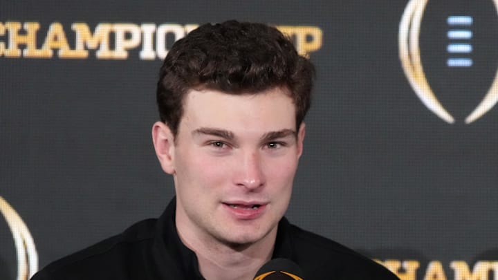 Jan 20, 2026; Miami, FL, USA; Indiana Hoosiers quarterback Fernando Mendoza during the CFP Champions press conference at Marriott Marquis Miami. Mandatory Credit: Kirby Lee-Imagn Images