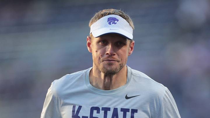 Kansas State Wildcats head coach Collin Klein runs off the field following the game against Houston Cougars inside Bill Snyder Family Stadium in Manhattan, Kansas, on Oct. 10, 2026. Kansas State Wildcats head coach Collin Klein runs off the field following the game against Houston Cougars inside Bill Snyder Family Stadium in Manhattan, Kansas, on Oct. 10, 2026.