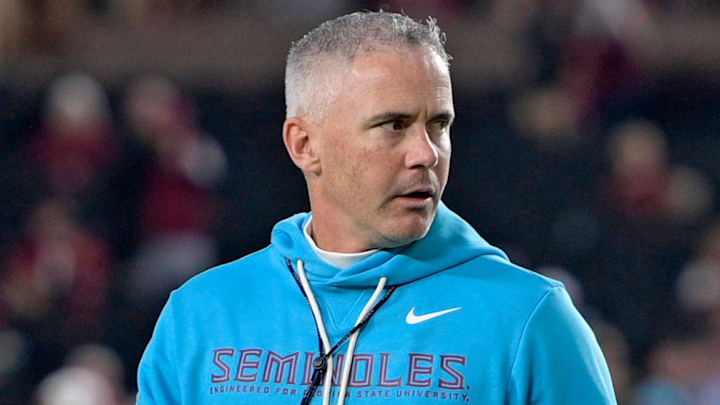 Nov 1, 2025; Tallahassee, Florida, USA; Florida State Seminoles head coach Mike Norvell walks on the field before the game against the Wake Forest Demon Deacons at Doak S. Campbell Stadium. Mandatory Credit: Melina Myers-Imagn Images