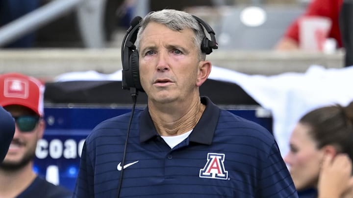 Oct 18, 2025; Houston, Texas, USA; Arizona Wildcats head coach Brent Brennan looks on during the second quarter against the Houston Cougars at TDECU Stadium. Mandatory Credit: Maria Lysaker-Imagn Images 
